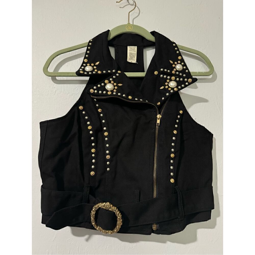 Jean Vest black studded zip front Embellished M